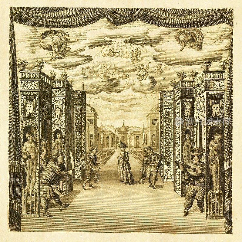 17世纪的古典戏剧。采购产品舞台，装饰和演员|古董历史插图